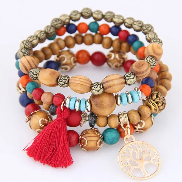 DIEZI Bohemian Multicolor Pink Crystal Beads Bracelets Women Girls Elastic Tassel Wing Letters Rope Bracelet Pulseira Feminina