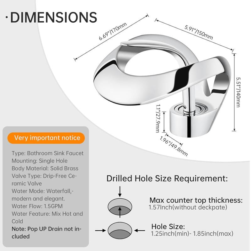 Senlesen Modern Bathroom Faucet Chrome Waterfall Bathroom Sink Faucet Single Hole Single Handle Bathroom Vanity Mixer Taps