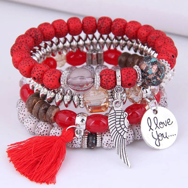 DIEZI Bohemian Multicolor Pink Crystal Beads Bracelets Women Girls Elastic Tassel Wing Letters Rope Bracelet Pulseira Feminina