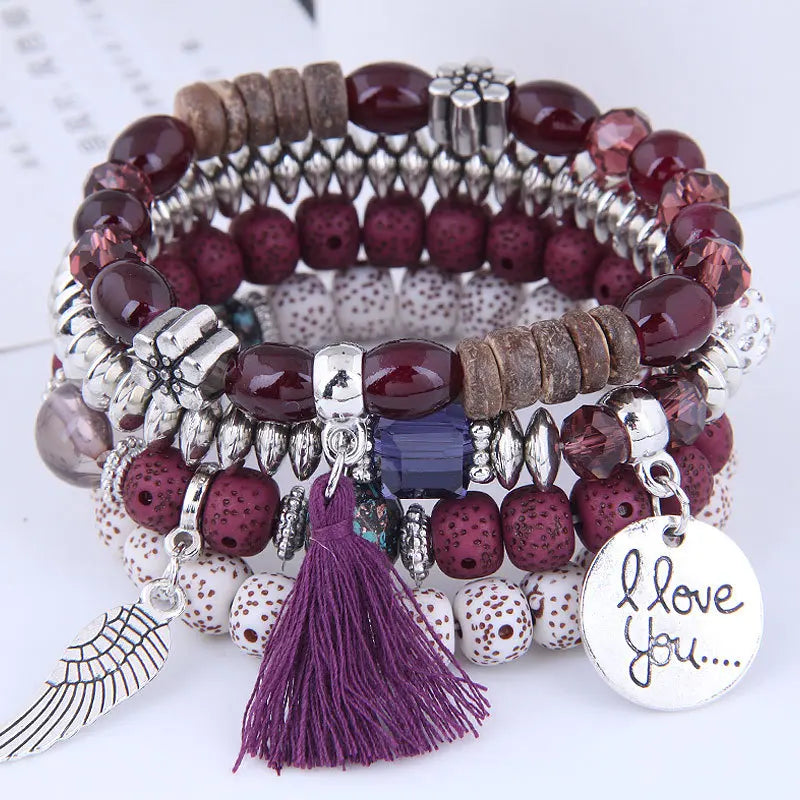 DIEZI Bohemian Multicolor Pink Crystal Beads Bracelets Women Girls Elastic Tassel Wing Letters Rope Bracelet Pulseira Feminina