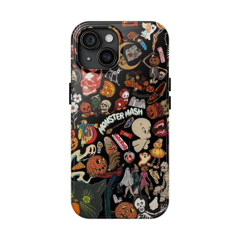 Vintage Halloween Phone Case, Spooky Retro Collage Phone Case for Iphone 16 15 14 13 12 11 Pro Max XS, Ghost & Pumpkin Collage Tough Case, Waterproof, Durable Shockproof for Women & Men Phone Cover