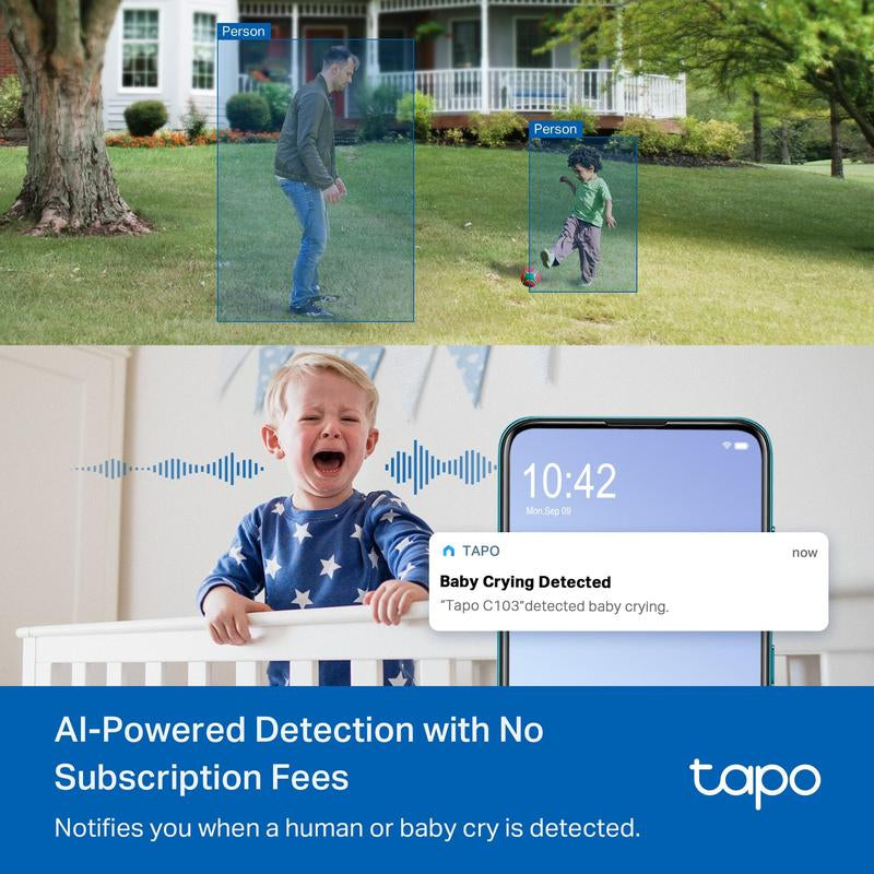 Tp-Link&Tapo C216 2K Pan/Tilt Indoor/Outdoor Security Camera AI Person/Baby Cry Detect, Motion Tracking, Color Night Vision, 360° Pan/Tilt, No Subscription, Works W/Alexa & Google