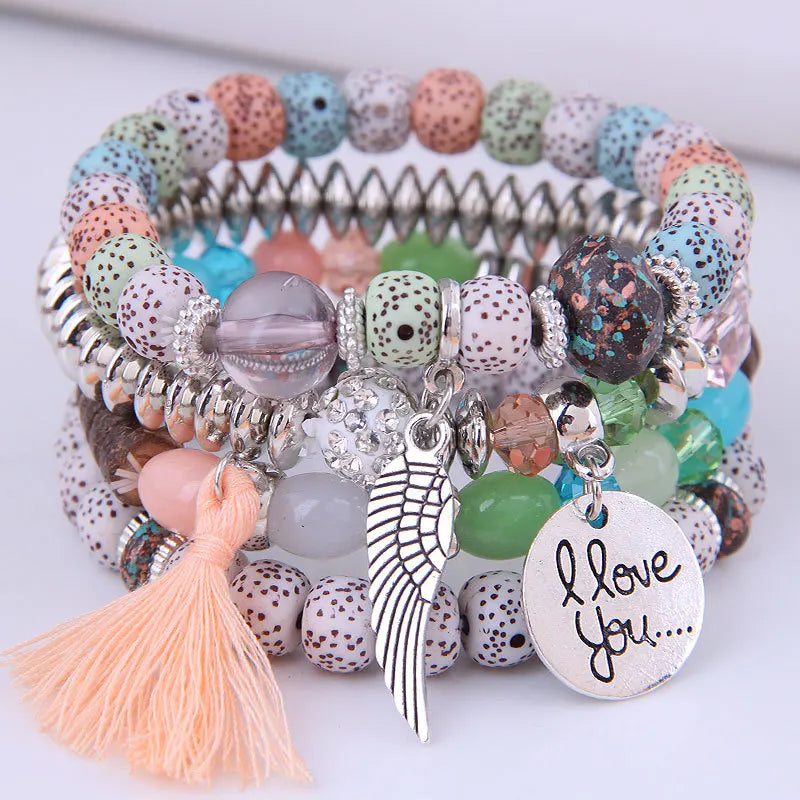 DIEZI Bohemian Multicolor Pink Crystal Beads Bracelets Women Girls Elastic Tassel Wing Letters Rope Bracelet Pulseira Feminina