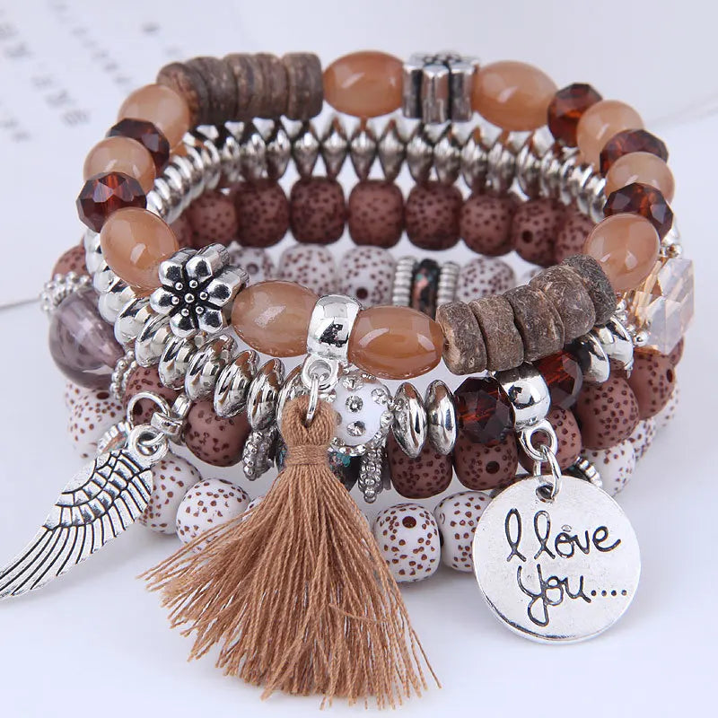 DIEZI Bohemian Multicolor Pink Crystal Beads Bracelets Women Girls Elastic Tassel Wing Letters Rope Bracelet Pulseira Feminina