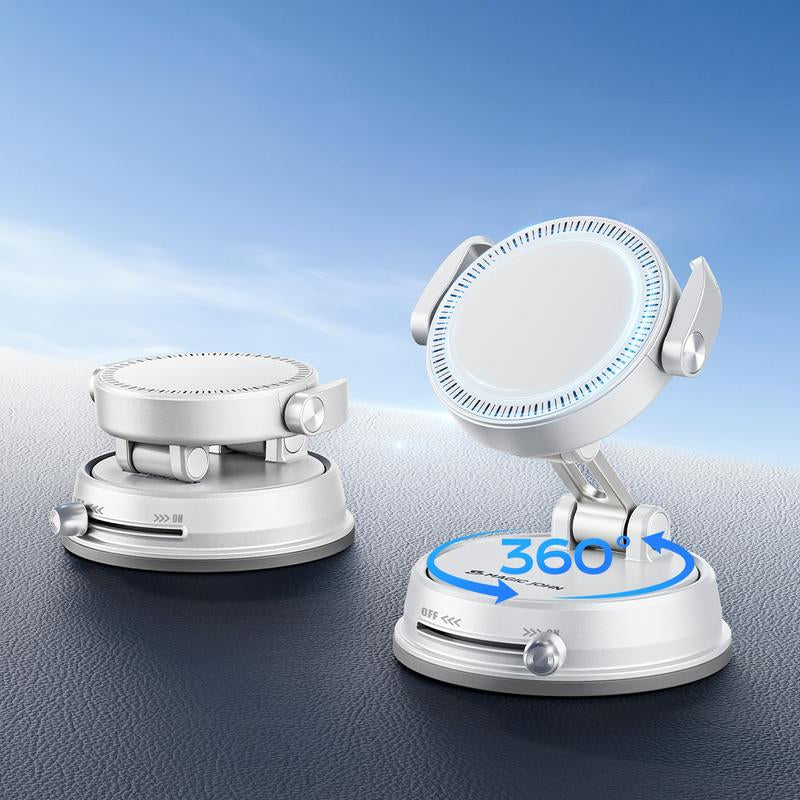 MAGIC JOHN Clip-On Car Phone Holder, Strong Magnetic Grip, Non-Slip Foldable Stand, 360° Adjustable, for Car Navigation & Home Use — Works with or without Magnetic Phones