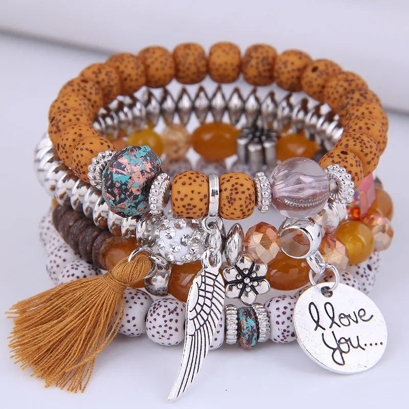 DIEZI Bohemian Multicolor Pink Crystal Beads Bracelets Women Girls Elastic Tassel Wing Letters Rope Bracelet Pulseira Feminina