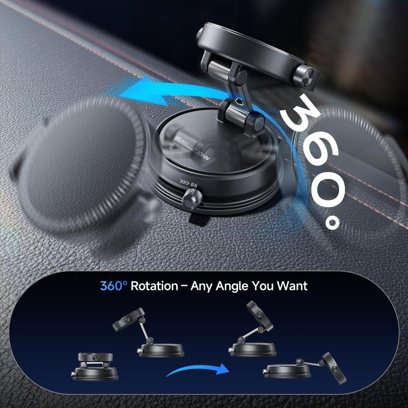 MAGIC JOHN Clip-On Car Phone Holder, Strong Magnetic Grip, Non-Slip Foldable Stand, 360° Adjustable, for Car Navigation & Home Use — Works with or without Magnetic Phones